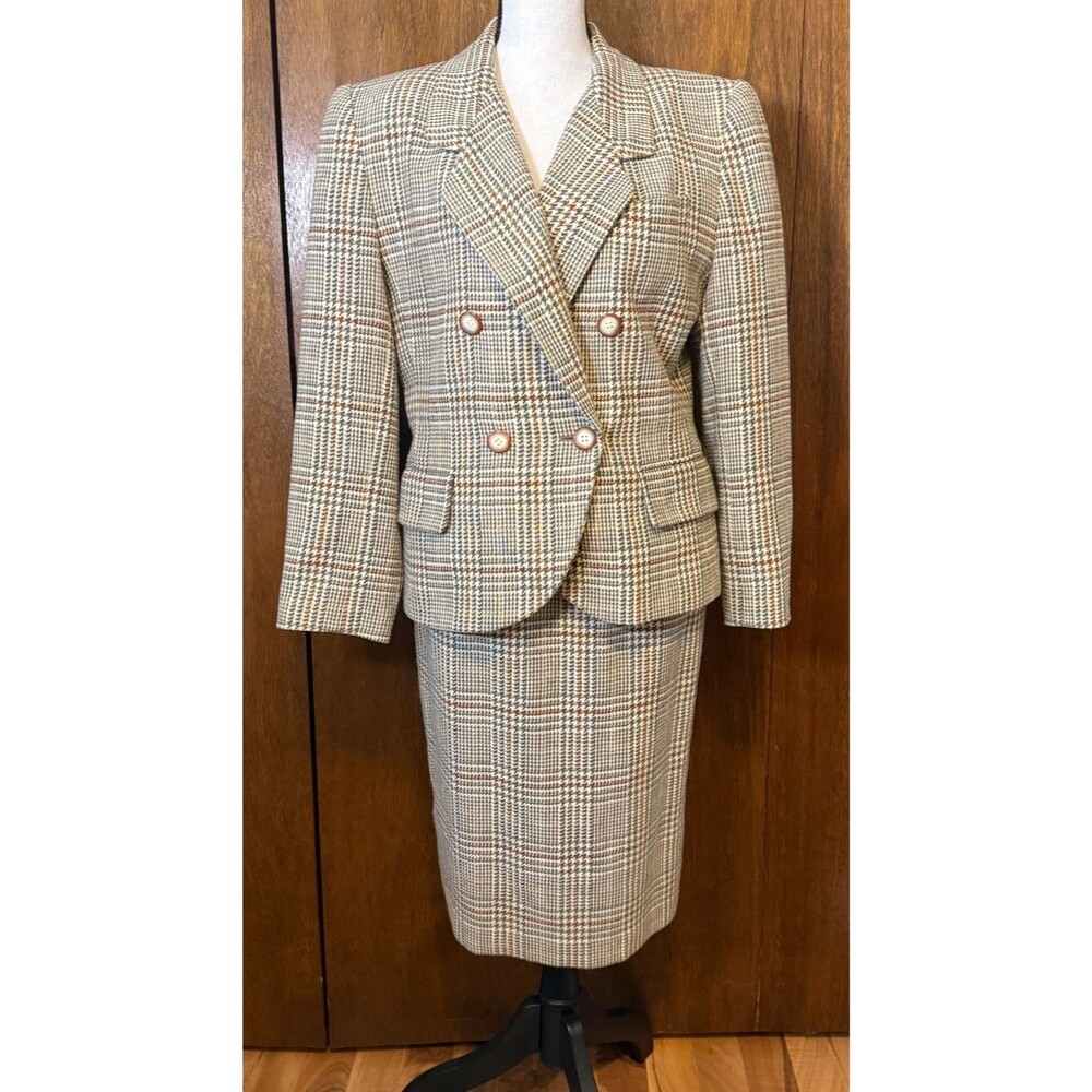 LeSuit Skirt Suit Set Houndstooth Wool Blend Double Breasted Jacket Pencil Skirt